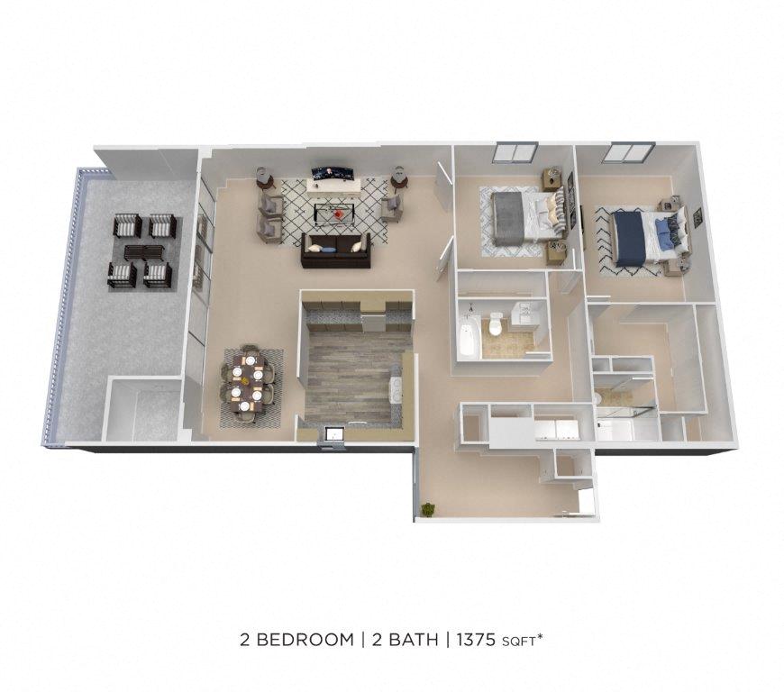 Floor plan for 2 beds, 1.5 baths, 1375 sqft